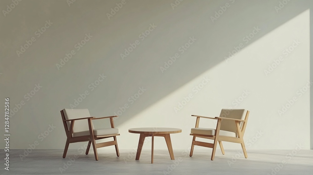 Minimalist Interior Design with Wooden Chairs and Table in a Bright Room Minimalist Interior Design with Wooden Chairs and Table in a Bright Room