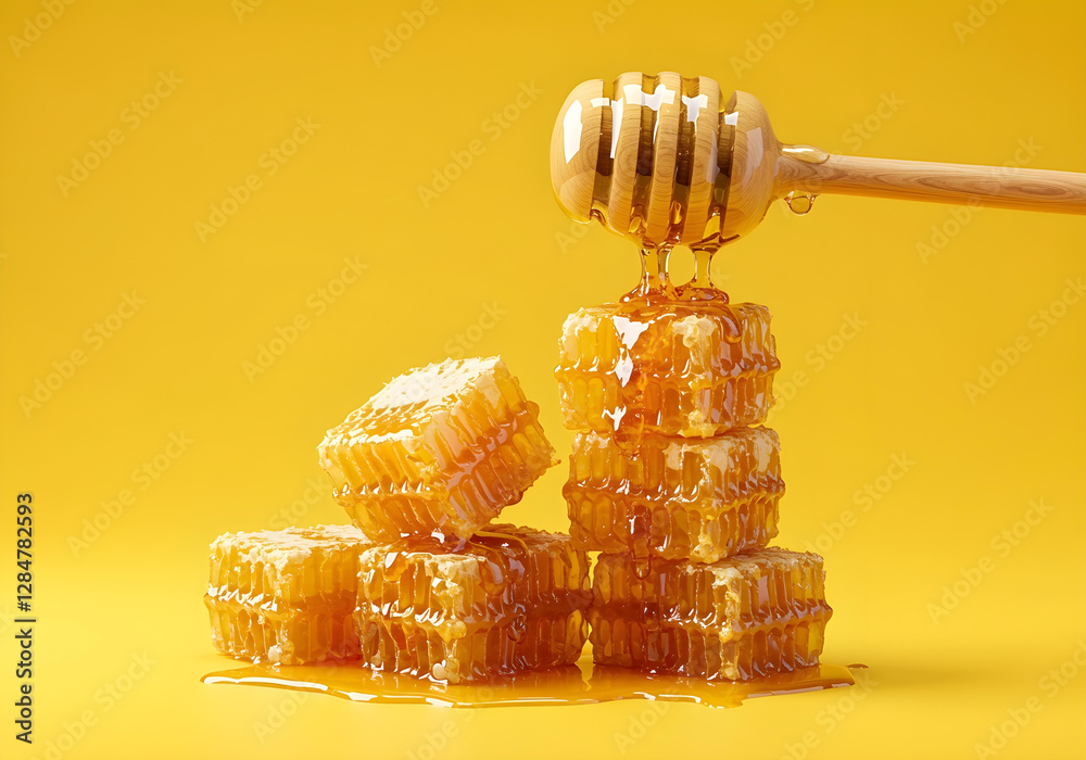 Honey drips from wooden dipper onto stack of honeycomb cubes. Transparent honey pours onto yellow wax honeycomb. Food in levitation above yellow background. Natural honey ingredient featured. Honey drips from wooden dipper onto stack of honeycomb cubes. Transparent honey pours onto yellow wax honeycomb. Food in levitation above yellow background. Natural honey ingredient featured.