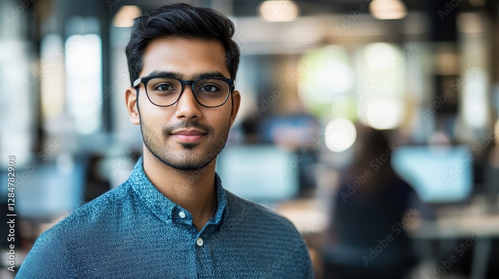 Obraz premium A young South Asian male software engineer poses confidently in a modern office setting. The portrait captures his professionalism and commitment to technology and innovation.