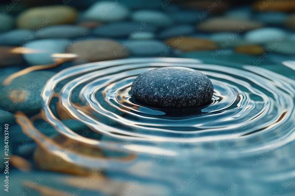 Serene dark grey stone rests on calm water, creating concentric ripples amongst smooth pebbles. Serene dark grey stone rests on calm water, creating concentric ripples amongst smooth pebbles.