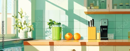 Sunlit kitchen interior with blender and fresh oranges on countertop