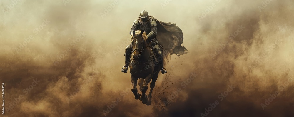 Knight on horseback charging through dusty battlefield with dynamic movement and epic atmosphere Knight on horseback charging through dusty battlefield with dynamic movement and epic atmosphere