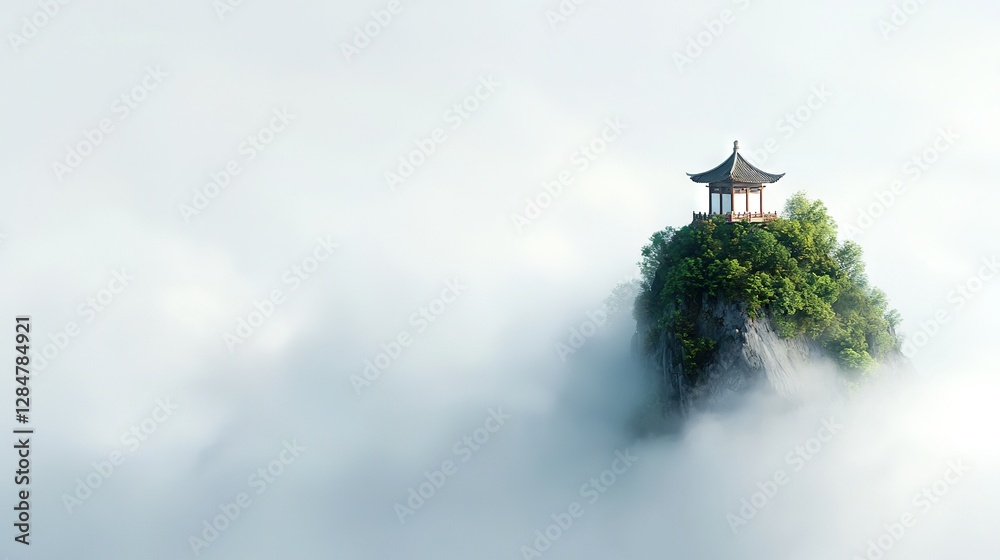 A mini-tower on a tiny island amidst foggy skies, crowned with a pagoda A mini-tower on a tiny island amidst foggy skies, crowned with a pagoda