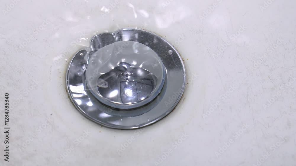 Water stream gently cascading down pristine white sink basin, flowing around gleaming chrome plug and gradually filling ceramic washbasin interior Water stream gently cascading down pristine white sink basin, flowing around gleaming chrome plug and gradually filling ceramic washbasin interior