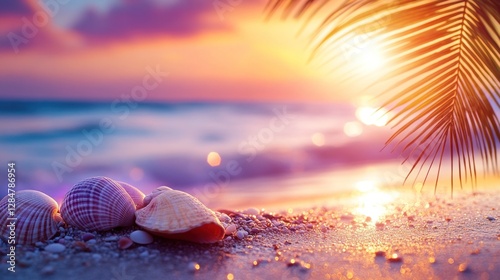 Fototapeta Naklejka Na Ścianę i Meble -  Seashells on beach at sunset with palm leaf