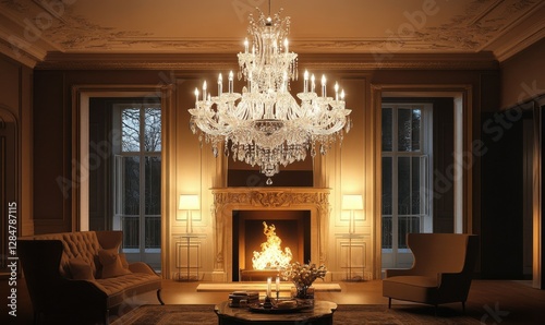 Elegant crystal chandelier glowing warmly in a dimly lit room, its intricate details illuminated to create a luxurious and timeless interior setting.