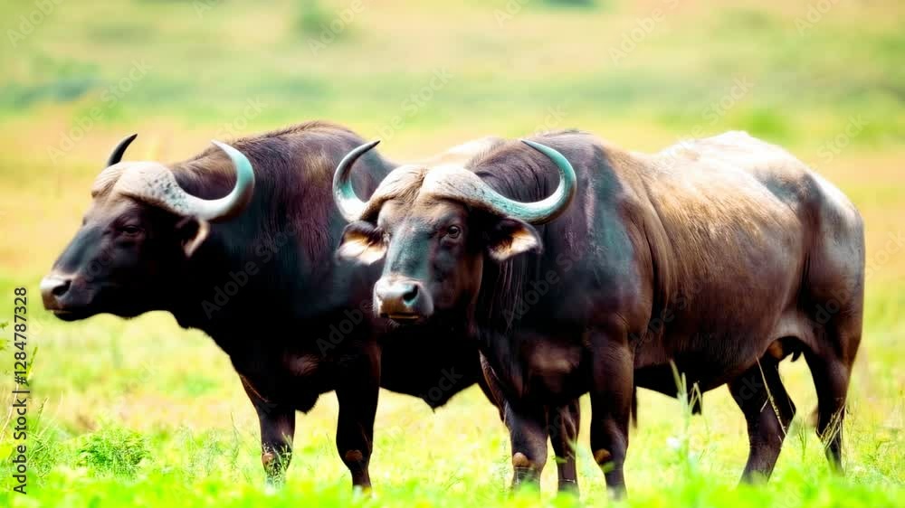 Two African Buffalo in Lush Green Grasslands Staring Alertly at the Camera Two African Buffalo in Lush Green Grasslands Staring Alertly at the Camera