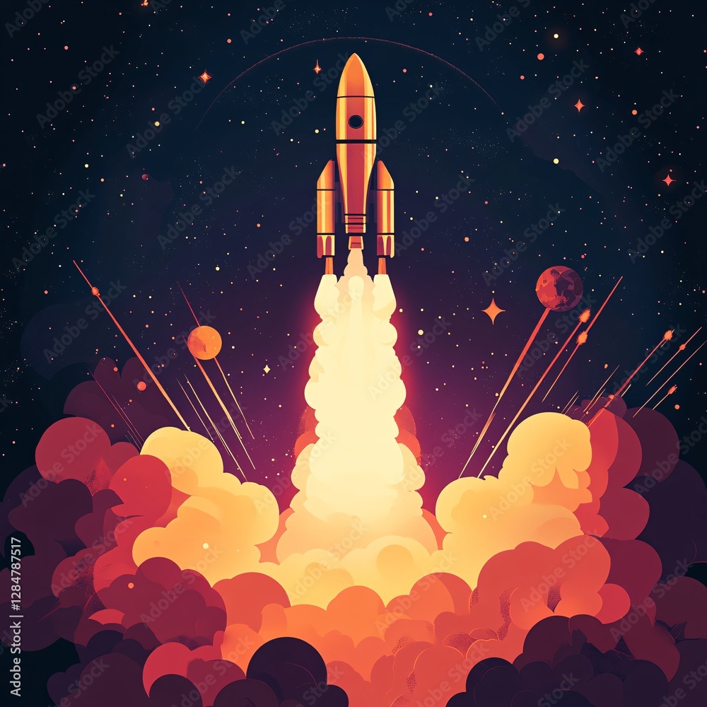Fototapeta premium Pixel Art Rocket Launching into a Starry Night Sky