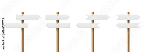 Realistic Blank Sign Post Set. Realistic Road Signboard. Plywood Pointer, Timber, Directional Sign Design Template, Front View. Vector Illustration in 3D Style