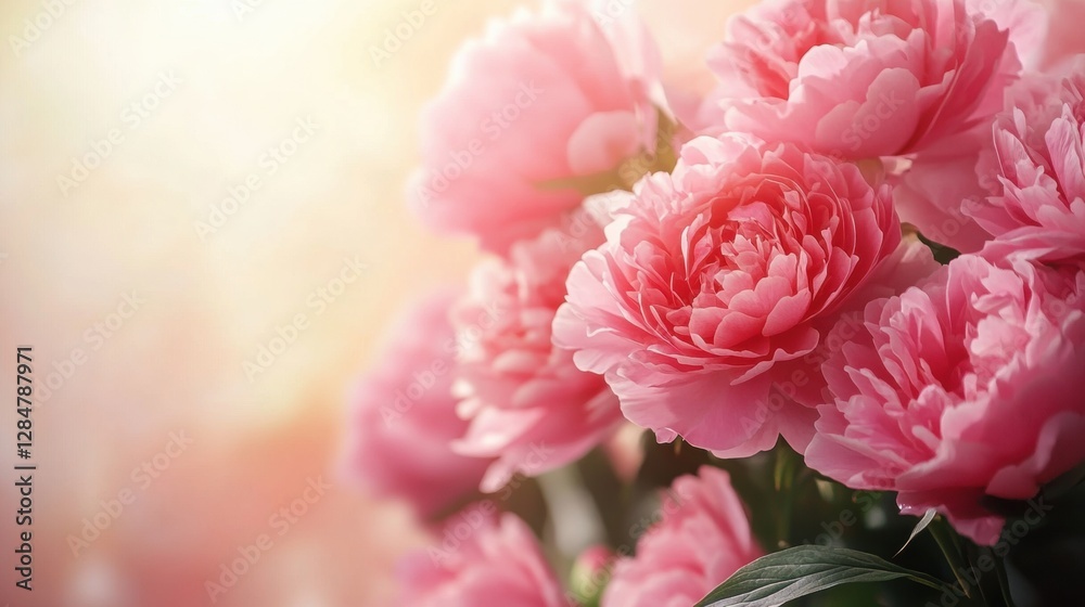 Elegant Pink peony roses with Floating Petals in Soft Sunlight. Space for text.