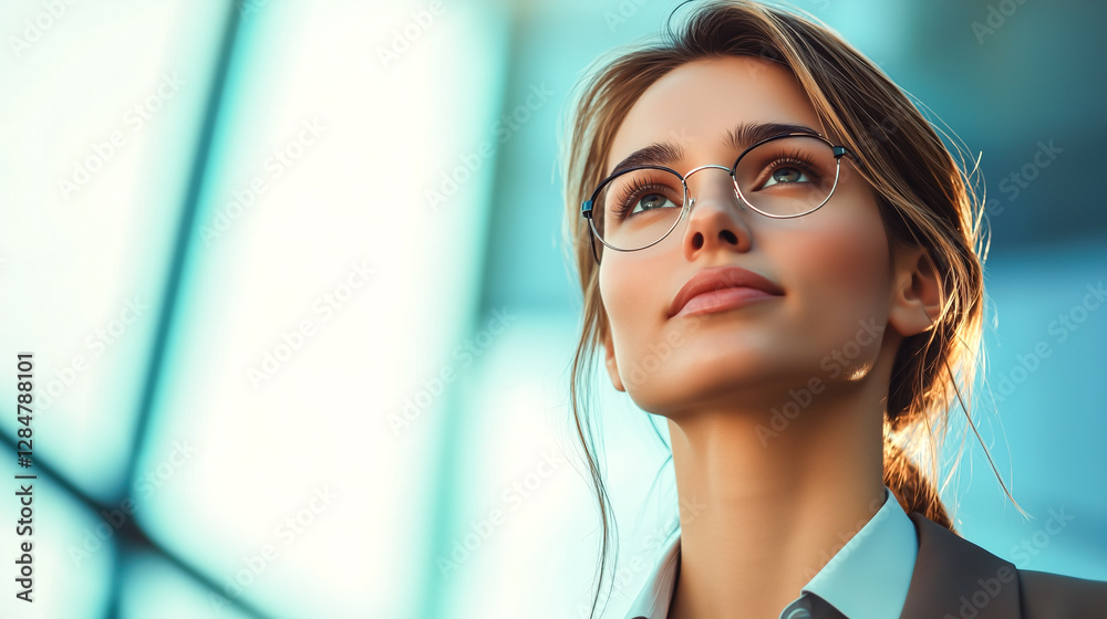 Obraz premium Contemplative young professional woman gazes upward, with glasses. Confident, modern, and aspiring, set against a modern backdrop.