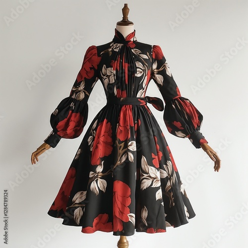 Elegant vintage black midi dress with red floral pattern