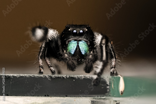 Fotografía Phidippus regius mâle en pleine parade amoureuse, montrant son comportement de séduction