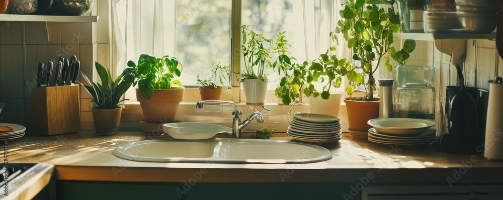 Fototapeta premium Sunlit kitchen with potted plants and stacked dishes on wooden countertop by window