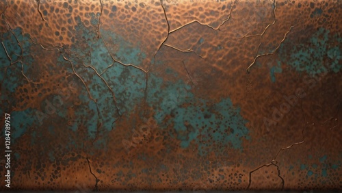 Distressed copper texture with verdigris patina and cracks.  Aged, weathered surface with a rich, antique feel. Perfect for backgrounds, textures, or vintage design projects.