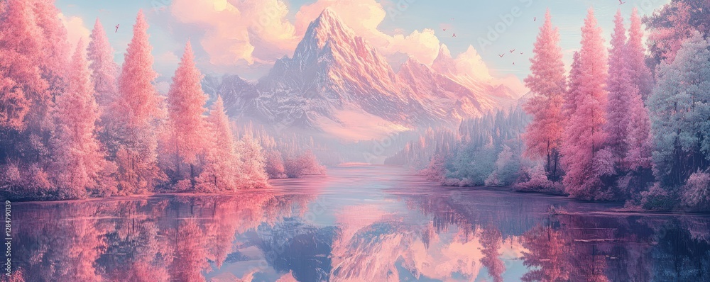 Obraz premium Serene pink forest reflecting on tranquil lake with snowy mountain