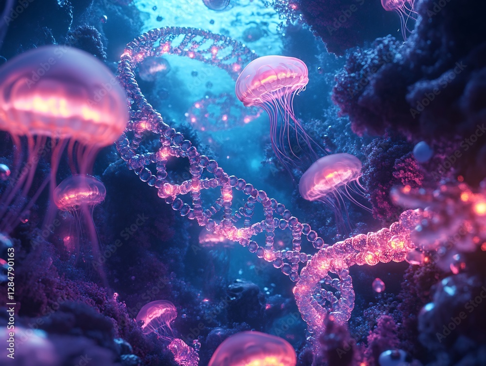Hyper realistic underwater scene where DNA spiral illuminate depths among jellyfish photo realistic lighting vibrant ocean hues cinematic grading precise molecular textures ultra detailed 8k rendering Hyper realistic underwater scene where DNA spiral illuminate depths among jellyfish photo realistic lighting vibrant ocean hues cinematic grading precise molecular textures ultra detailed 8k rendering