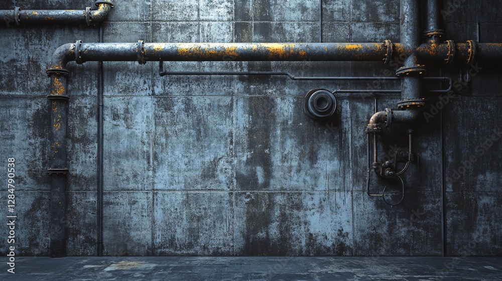 Rusty Industrial Pipes on Weathered Concrete Wall Background Rusty Industrial Pipes on Weathered Concrete Wall Background