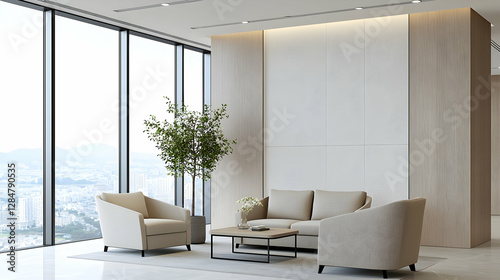 Modern office lounge with city view, neutral tones, meeting area