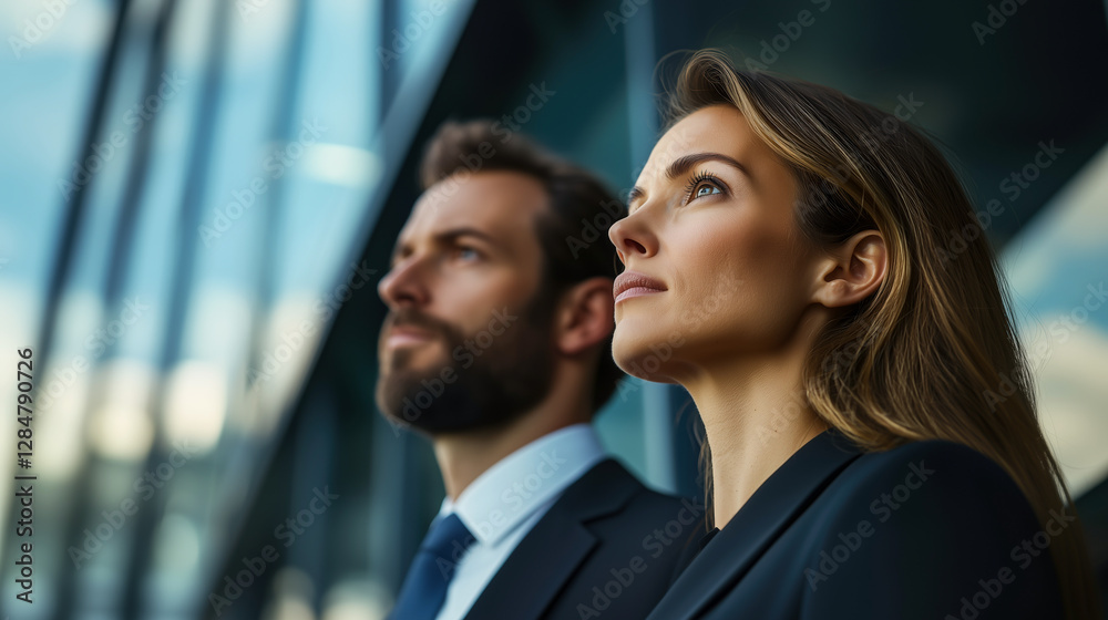 Ambitious professionals looking towards the future, with the outside world reflected in the windows behind them. Ambitious professionals looking towards the future, with the outside world reflected in the windows behind them.