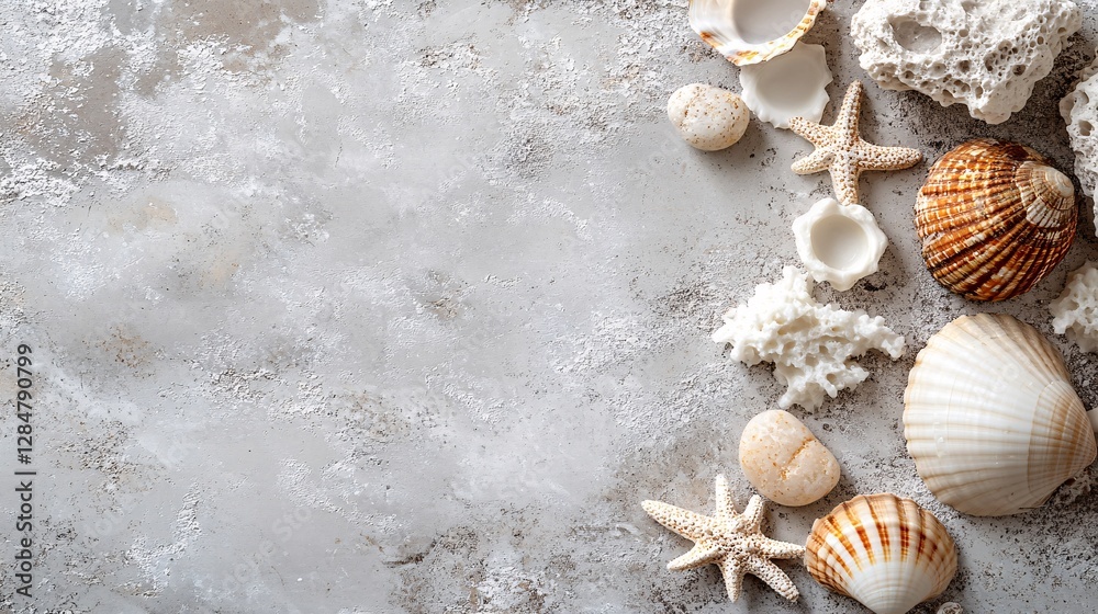 Obraz premium Seashells and starfish on a grey background, beach theme