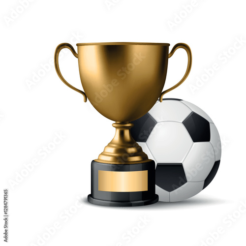 Vector 3D Realistic Golden Winner Champion Cup and Soccer Ball Set. Metal Trophy Design Template for Sports Championship. Trophy and Soccer Ball, Front View. Vector Illustration for Sports Concepts