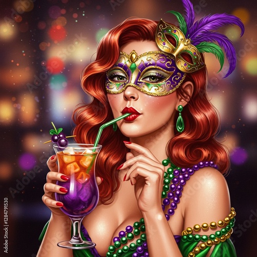 Mardi Gras Glam: Elegant Woman with Cocktail and Beads