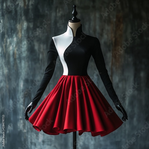 Elegant vintage mini dress in red, black, and white on mannequin