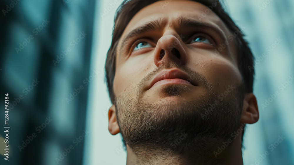Fototapeta premium Focused gaze towards the sky; a portrait of aspiration, hope, and the pursuit of dreams, set against an urban backdrop.