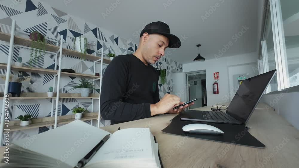 Young designer working in his coworking, digital nomad on technology for freelancing Young designer working in his coworking, digital nomad on technology for freelancing