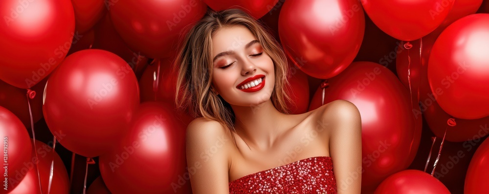 Young caucasian female smiling in front of red balloons Young caucasian female smiling in front of red balloons