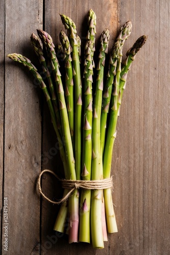 Fresh bunch of asparagus on rustic wooden background