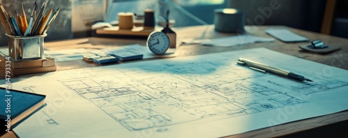 Architectural blueprints on desk with drawing tools and morning sunlight