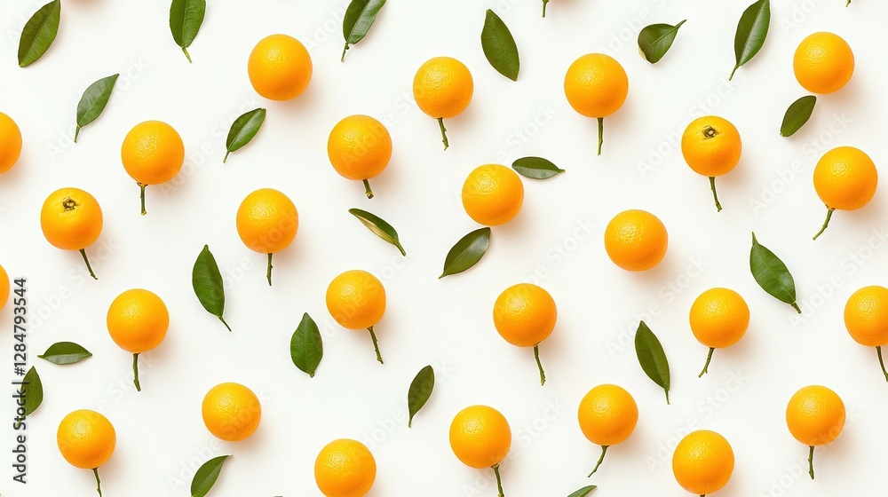 Oranges arranged on white surface with green foliage against white backdrop Oranges arranged on white surface with green foliage against white backdrop