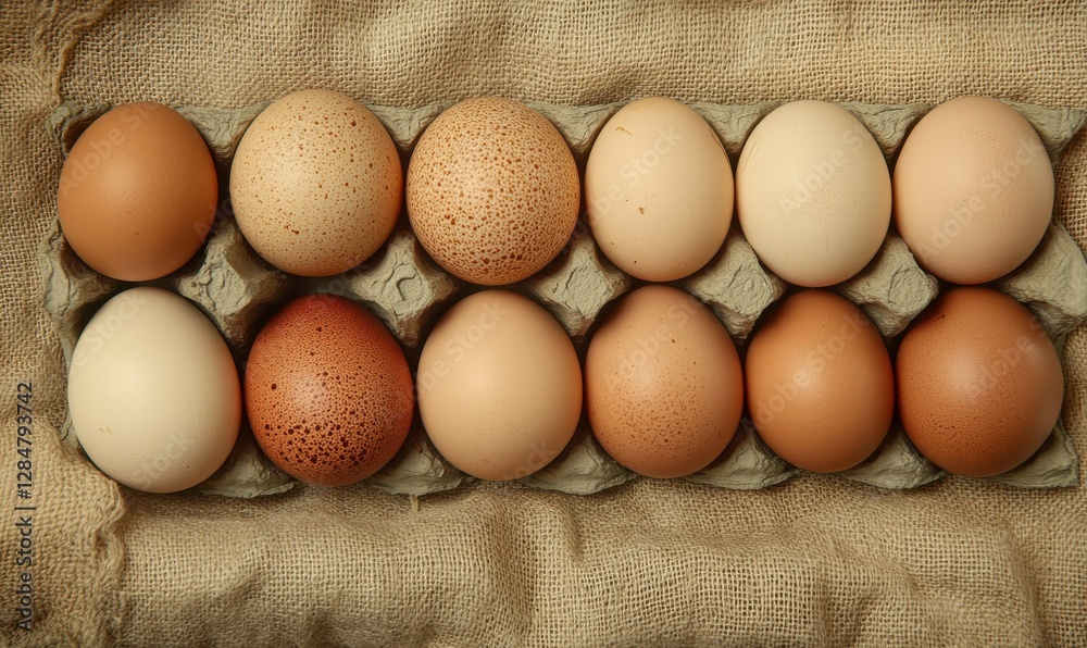 Fresh farm eggs arranged neatly on a textured cloth, softly illuminated to enhance their natural tones and organic appeal Fresh farm eggs arranged neatly on a textured cloth, softly illuminated to enhance their natural tones and organic appeal