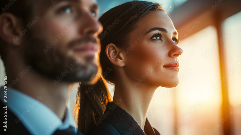 Focused professionals gaze optimistically towards a sunlit future, embodying ambition and success in their careers and outlook. Focused professionals gaze optimistically towards a sunlit future, embodying ambition and success in their careers and outlook.