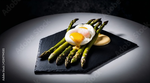 Poached egg on asparagus with hollandaise sauce