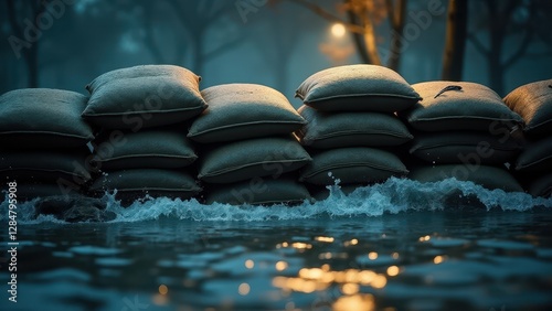 Sandbags, Hyper-realistic sandbags in flood defense front view artificial light water lapping urgent atmosphere