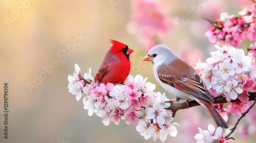 Two birds on blossoming branch, springtime scene, possible use for nature calendar