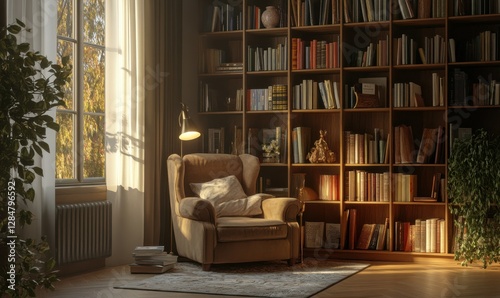 Cozy home library corner with tall wooden bookshelves, a comfortable armchair, and soft light creating a warm and inviting reading nook,