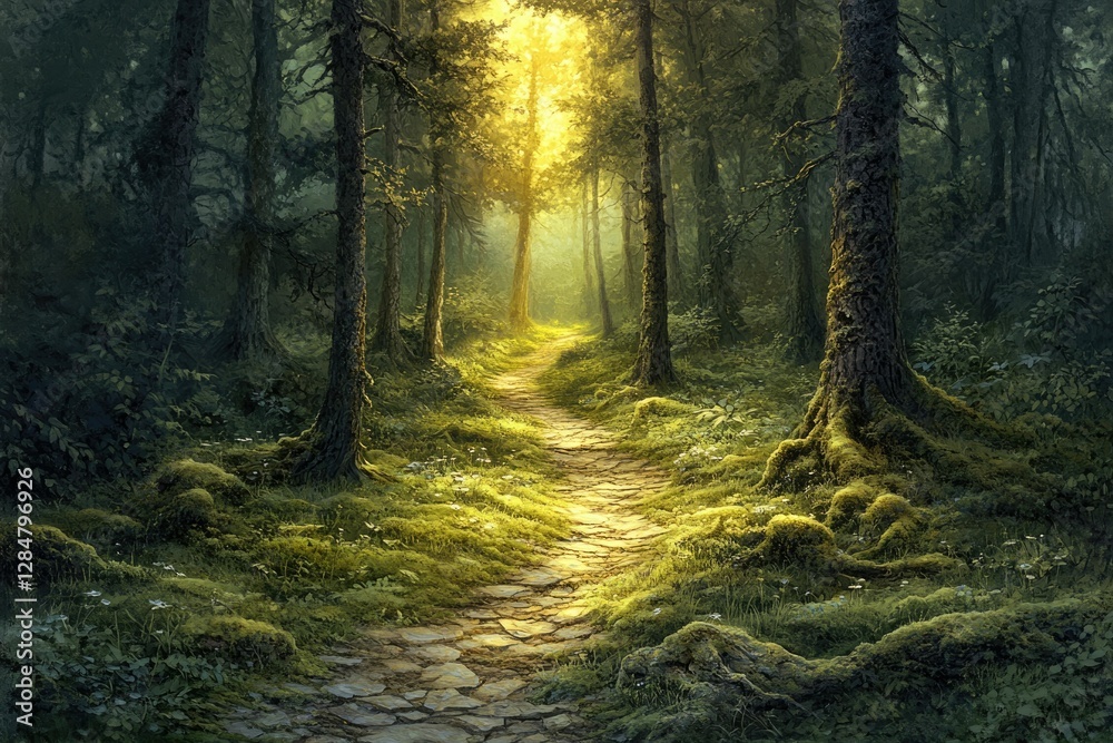 Obraz premium Sunlit path winds through a mystical forest, mossy stones under golden light.
