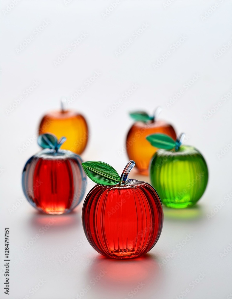 Obraz premium シンプルなホワイトの背景が、ガラスの小さなリンゴの上品な透明感を引き立てる 