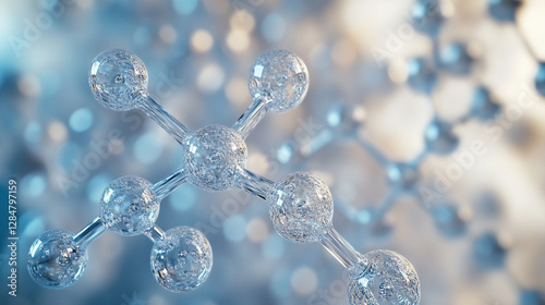 Transparent molecular structure on a bright white light background, highlighting the intricate bonds between atoms. Symbolizes scientific discovery, molecular biology, and complex chemical interaction