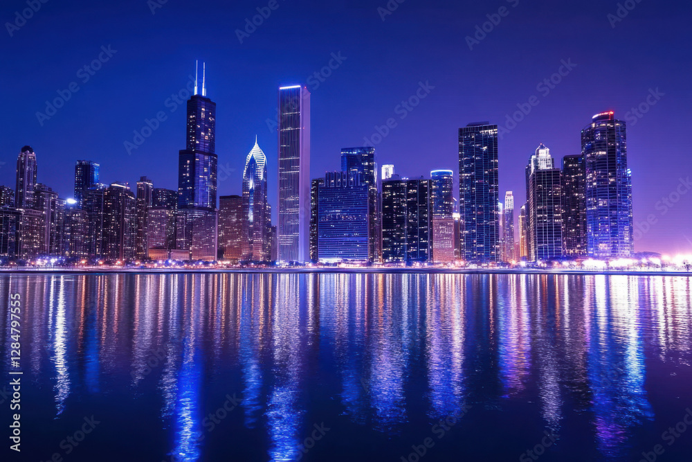 Obraz premium Nighttime cityscape reflecting on water, featuring illuminated skyscrapers under a vibrant, deep blue sky.