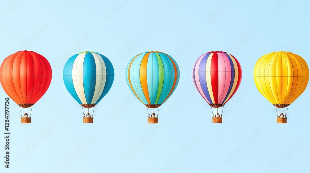 Row of colorful hot air balloons soaring against clear blue sky Row of colorful hot air balloons soaring against clear blue sky