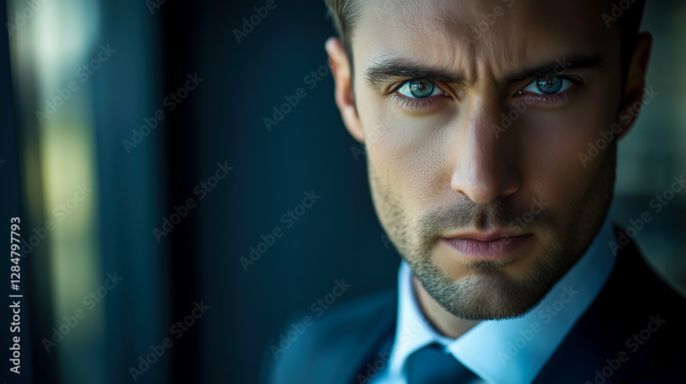 Intense Portrait: A man in a suit with piercing blue eyes conveys a serious and determined expression, highlighting his charisma. Intense Portrait: A man in a suit with piercing blue eyes conveys a serious and determined expression, highlighting his charisma.