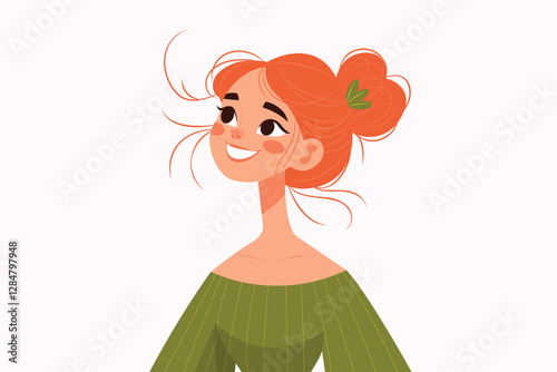 A cute red haired girl in an olive dress flat vector illustration