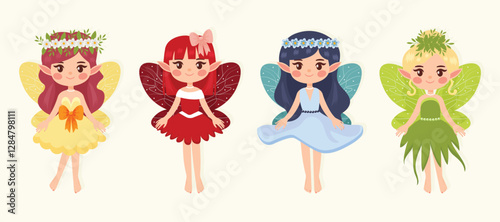 set of small cute forest fairies isolated on a white background flat vector illustration