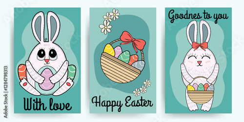 A set of vector Easter cards. A rabbit with a basket filled with Easter eggs. A bunny is holding an Easter egg in its paws. A basket of Easter eggs. The Easter Doodle