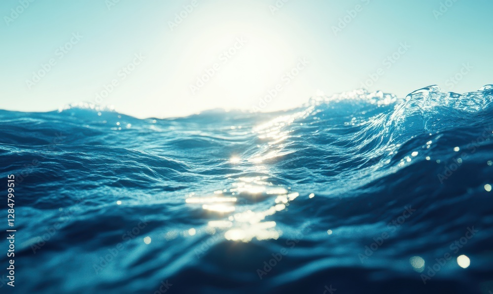 Crystal-clear ocean water with sunlight creating dynamic ripples and patterns, vibrant blue tones emphasizing its refreshing appeal